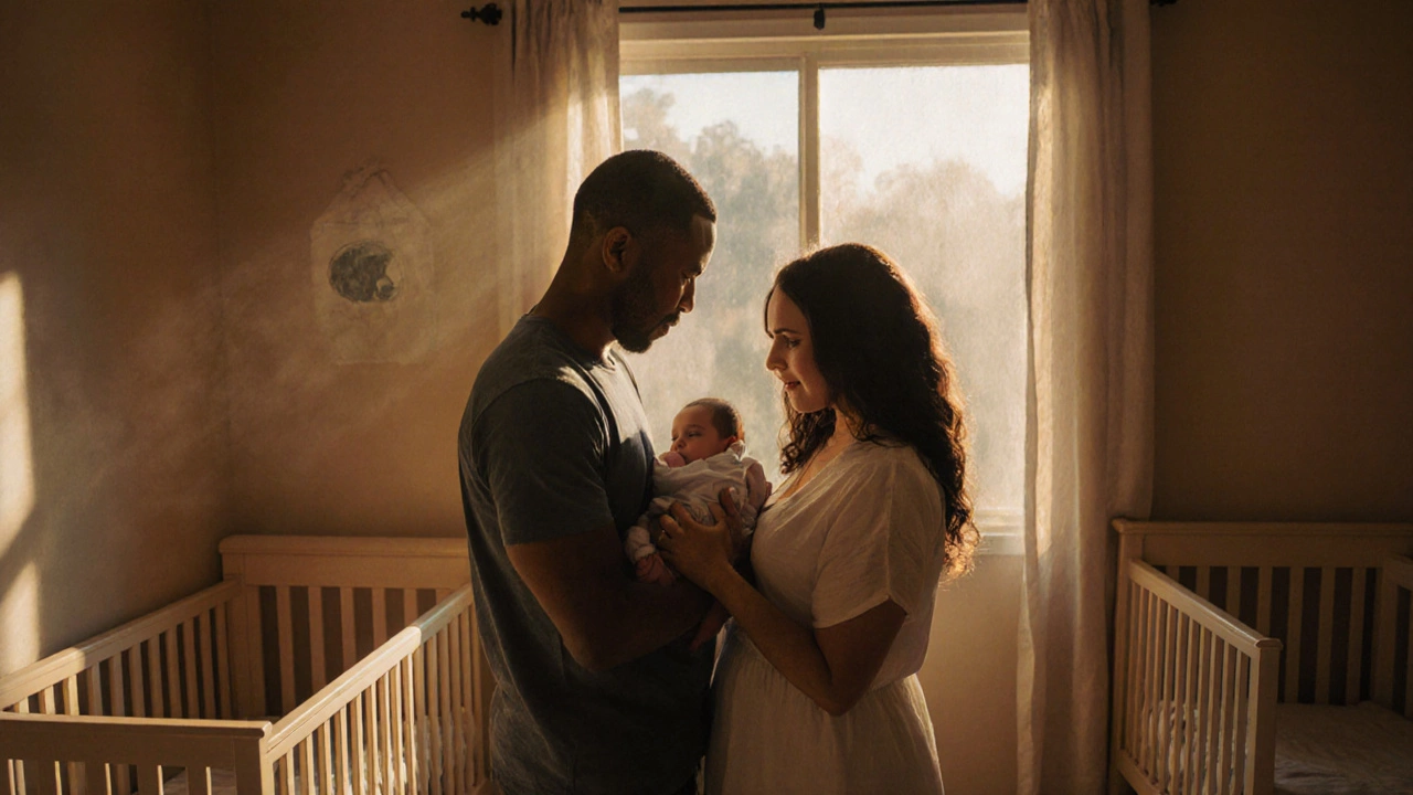 A family holds their newborn in a nursery, with empty cribs hinting at difficult choices.
