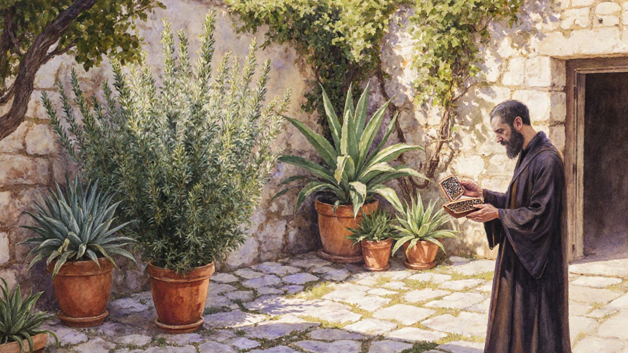 Ancient garden with hyssop and aloe plants beside a synagogue and a scholar.