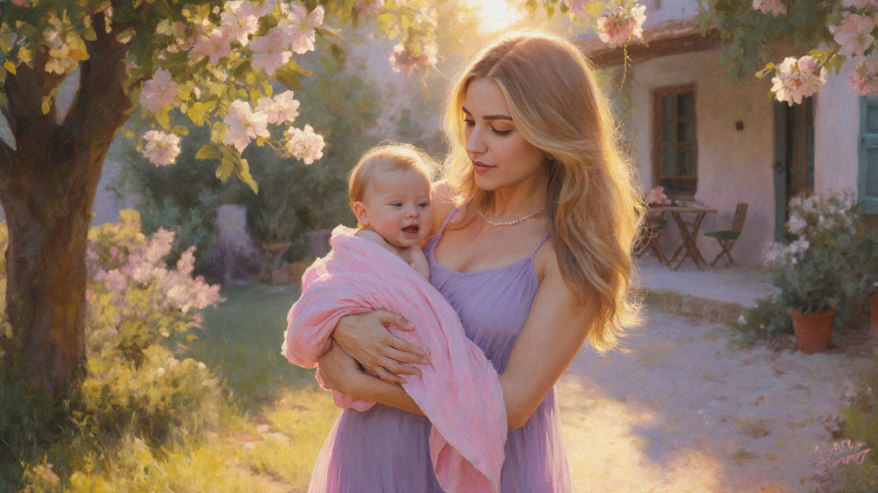 Celine Dion cradling baby daughter Coco, smiling in golden‑hour garden light.