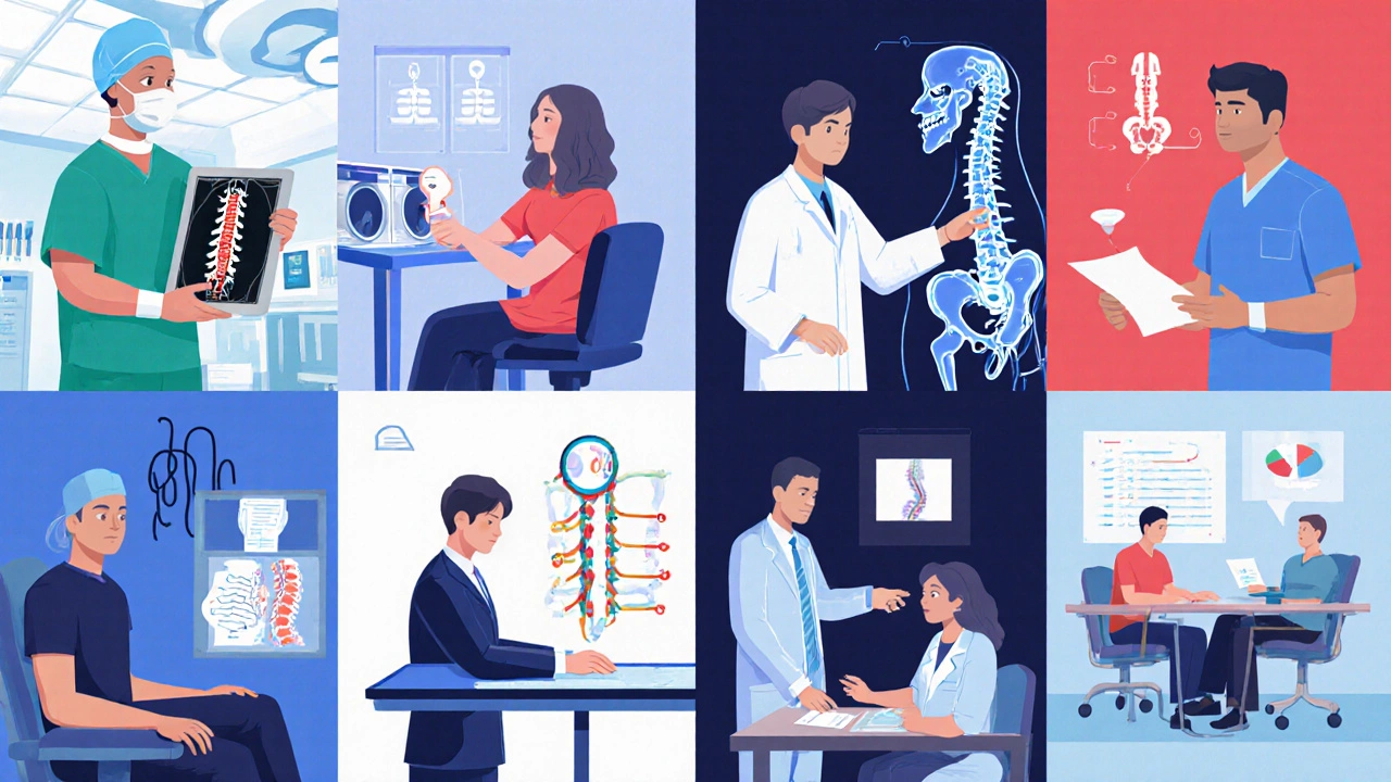 Collage of eight back specialists performing their typical duties.