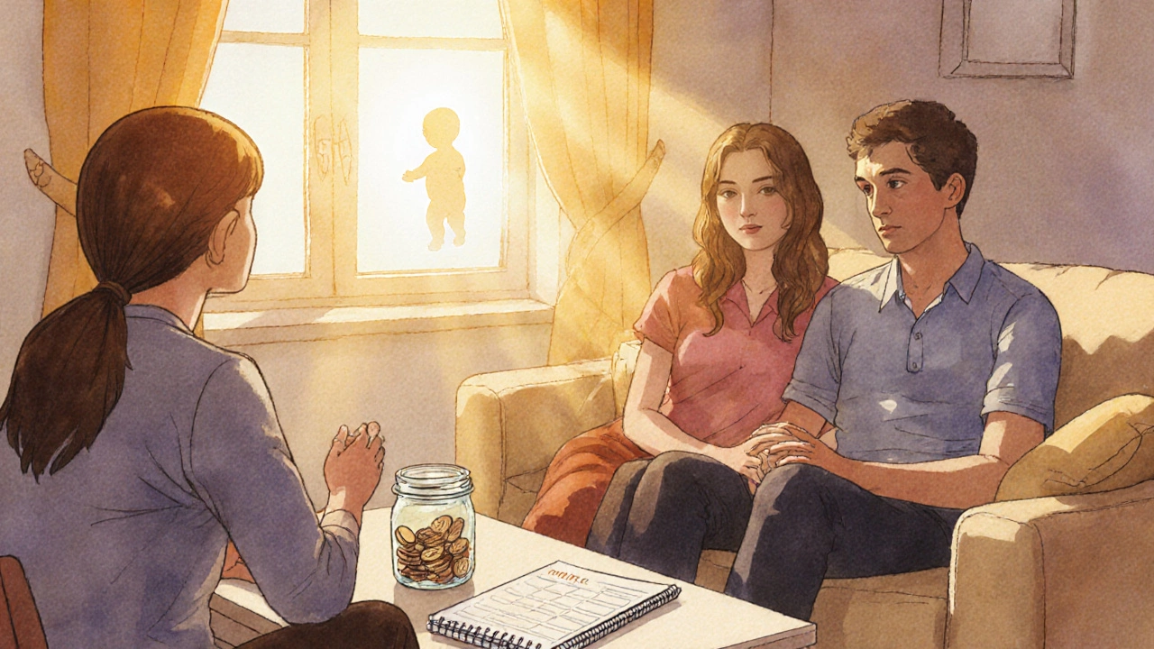Couple and therapist sharing a supportive conversation, with a glowing baby silhouette behind them.