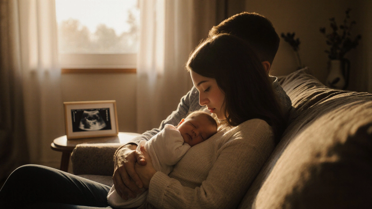 Couple gently cradling a newborn baby at home, with a faint ultrasound photo on the wall.