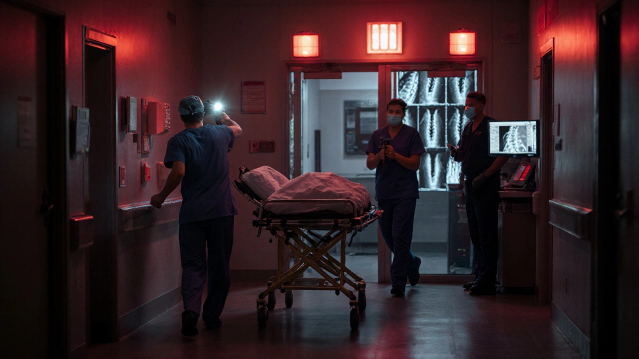 Emergency team rushing a back injury patient through a night‑time ER.
