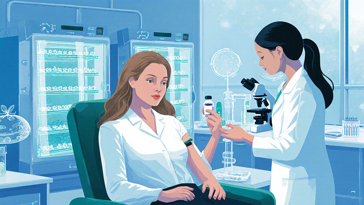 Fertility clinic lab with embryo dishes and a patient receiving hormone injection.