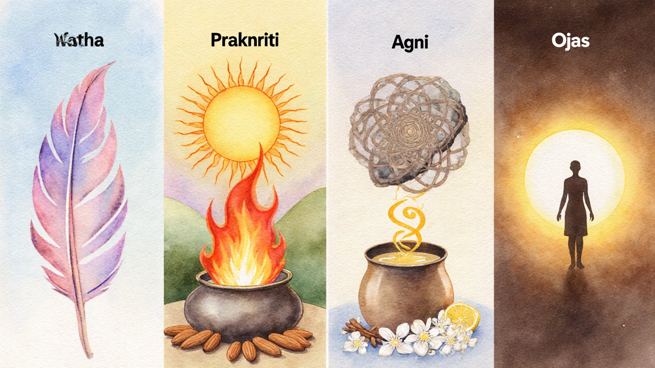Four watercolor panels illustrating Dosha, Prakriti, Agni, and Ojas with pastel symbols and warm colors.