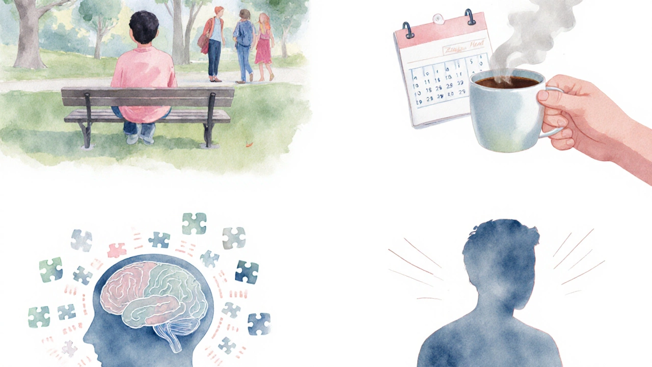 Four watercolor scenes showing withdrawal, fatigue, mental fog, and physical aches as warning signs.
