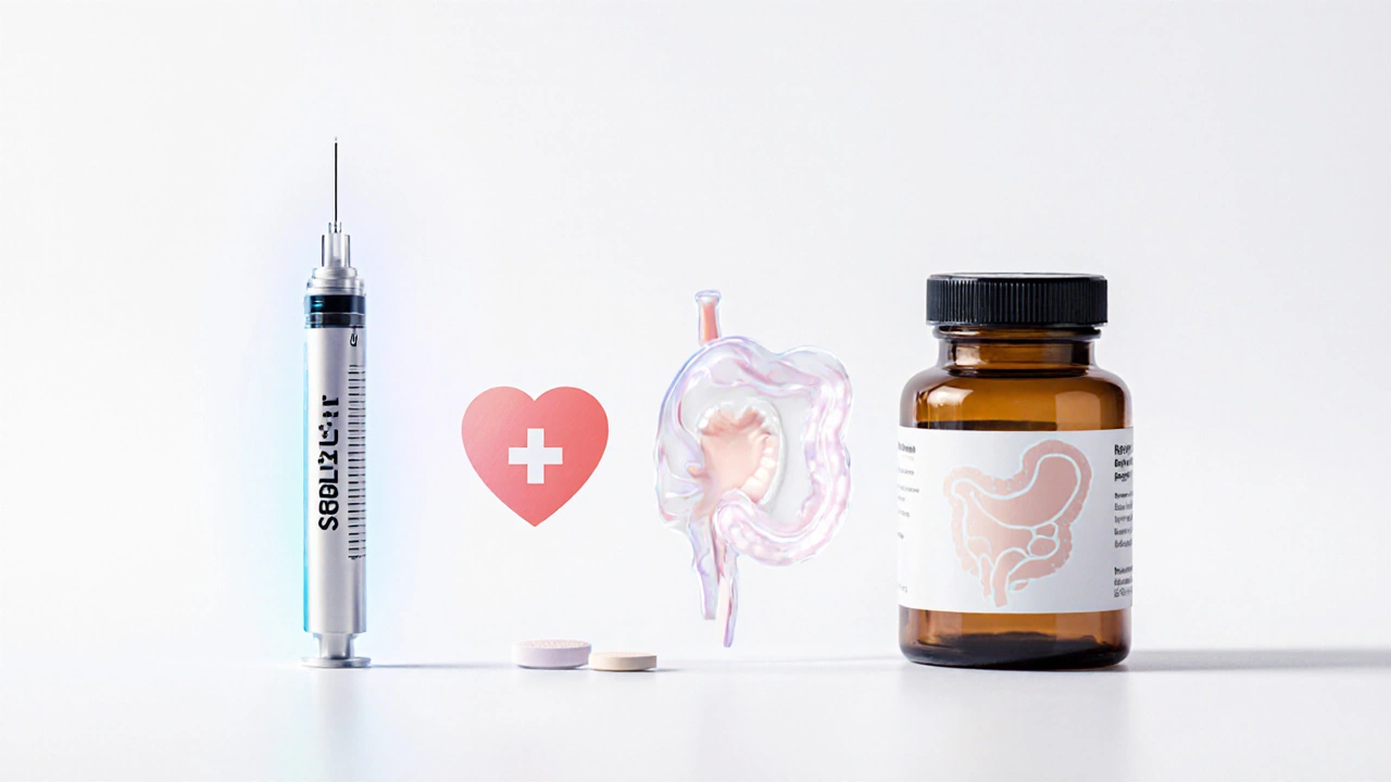 GLP‑1 injector with heart icon, SGLT2 tablet with kidney icon, metformin bottle with gut outline.