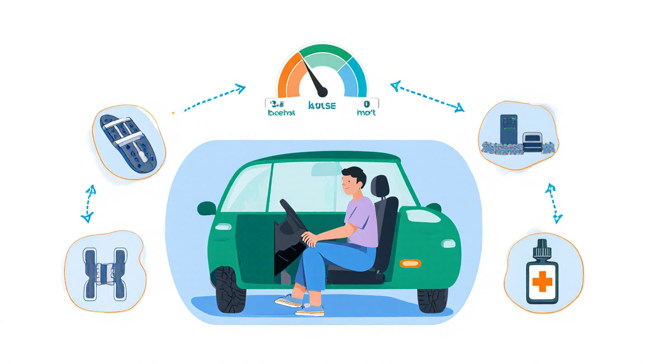 Illustrated self‑assessment steps for post‑surgery driving safety.