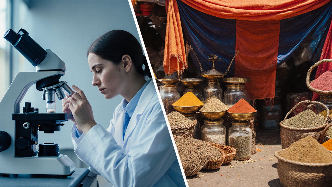 Lab technician examining powder beside a colorful traditional herb market stall.