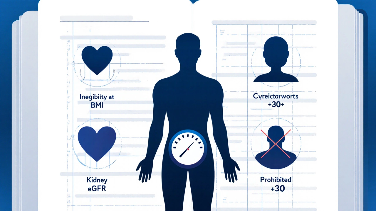 Medical illustration of criteria for Ozempic eligibility using icons for BMI, heart, kidney, and thyroid.