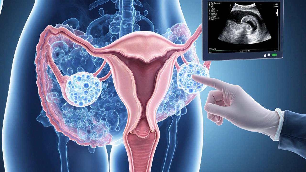 Medical illustration of enlarged ovaries with many follicles and fluid buildup, shown with an ultrasound monitor.