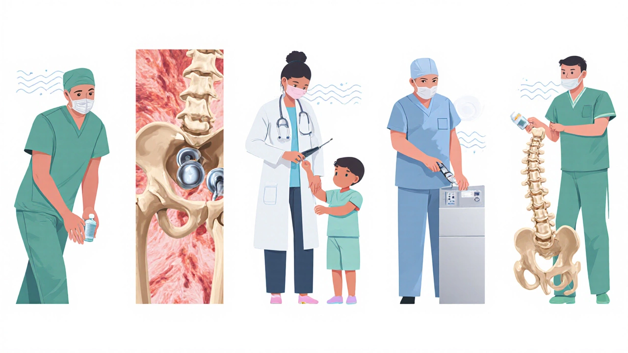 Medical illustration showing orthopedic, rheumatology, sports medicine, pediatric ortho, and spine surgeons in action.