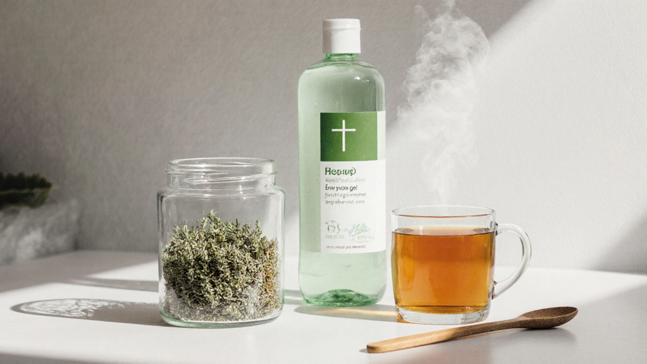 Modern kitchen display of hyssop jar, aloe gel bottle, and herbal tea mug.