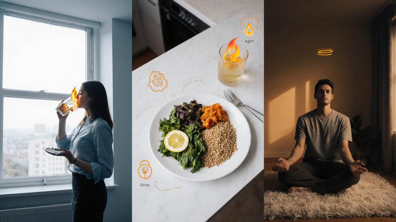 Modern person practicing Ayurvedic habits: morning ginger water, balanced lunch, evening meditation with glowing aura.