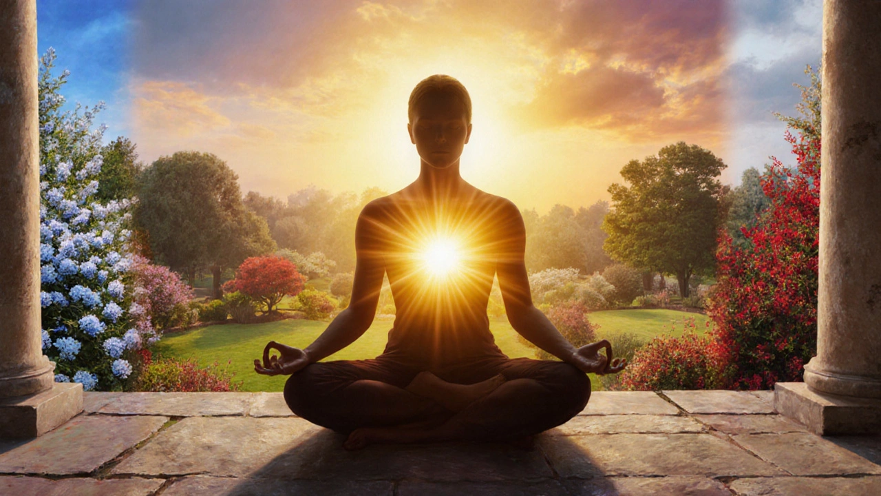 Oil painting of a calm person radiating golden Ojas aura, surrounded by seasonal garden.