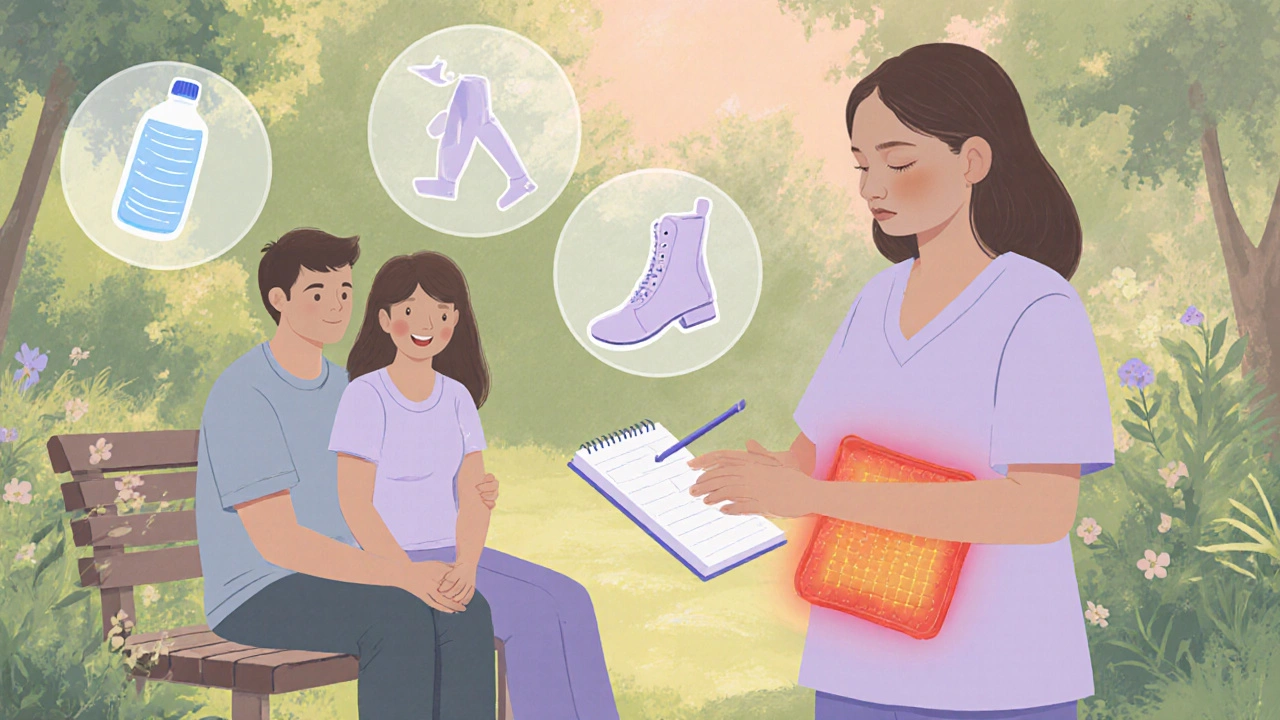 Pastel painting of a supportive couple and caregiver offering a heat pack, surrounded by symbols of self‑care.