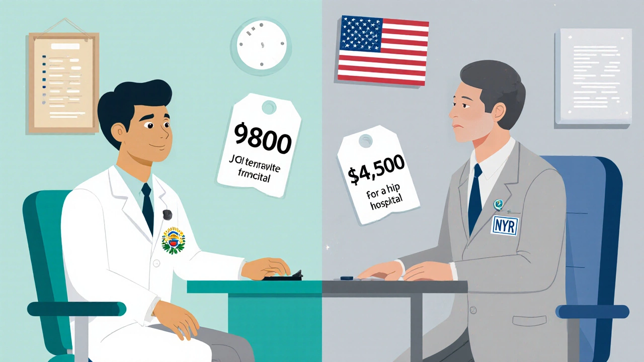 Patient discussing hip replacement costs with doctors in a Costa Rican and a U.S. hospital.