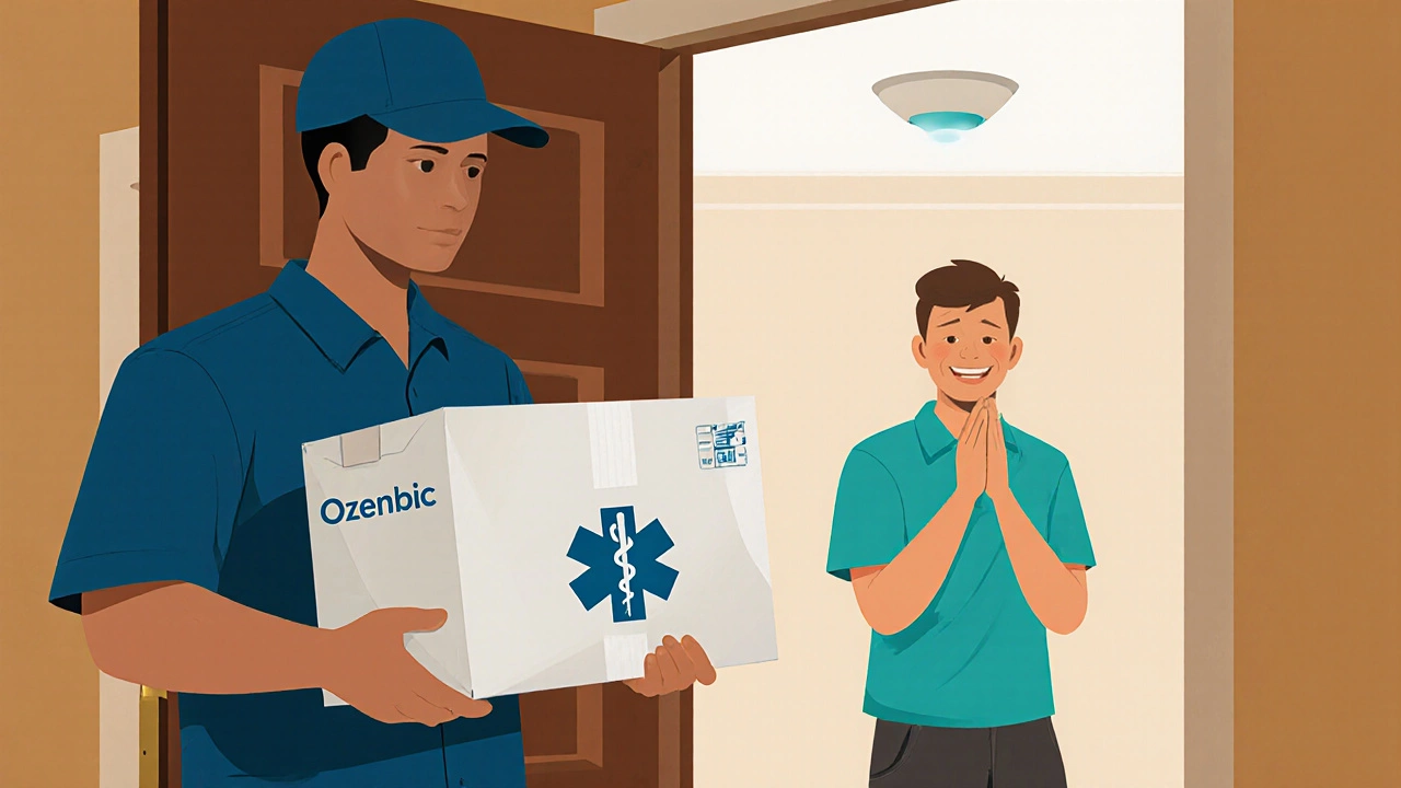 Patient receiving a sealed Ozempic delivery box at home from a courier.