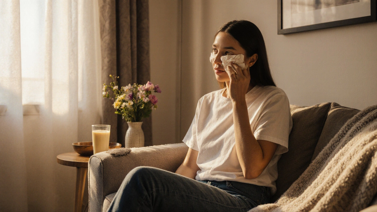 Patient resting at home with a cold pack and a smoothie after implant surgery.