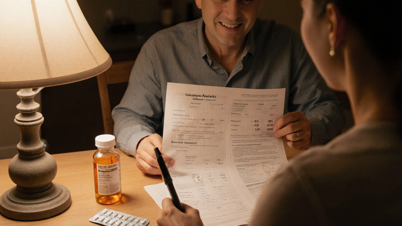Patient reviews lab results with educator, surrounded by metformin bottle, GLP‑1 pen, and SGLT2 tablets.