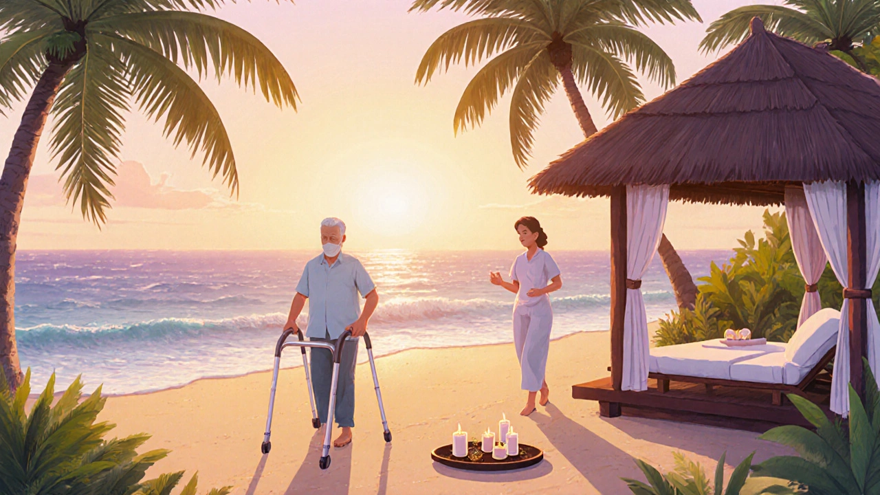 Patient walking on a Bali beach resort recovering after surgery.