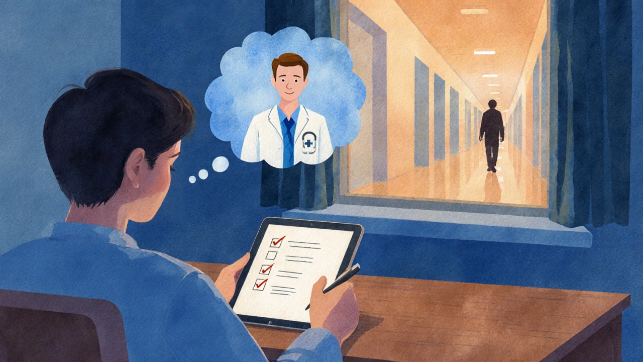 Person at home filling out a digital checklist, thinking of a doctor, with a hospital corridor visible outside.