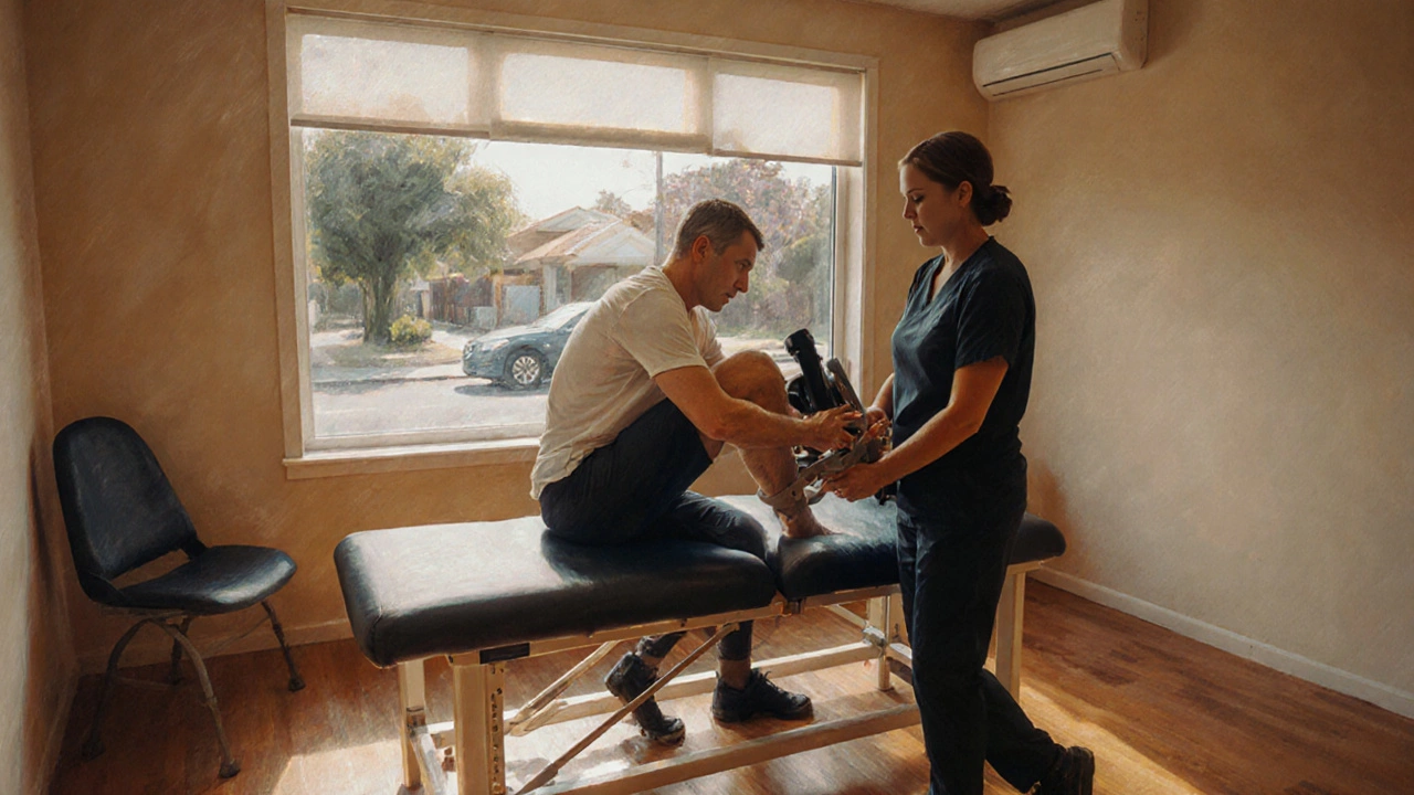 Physiotherapy session with patient doing leg raise, car visible outside.
