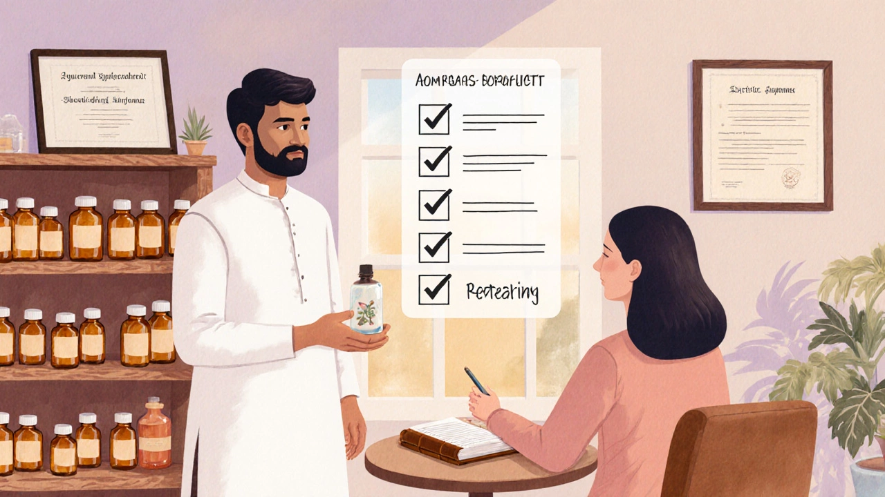 Practitioner and patient reviewing Ayurvedic supplement safety with a visual checklist.