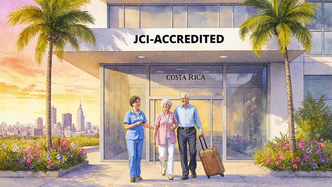 Retired couple celebrating successful surgery outside a Costa Rican hospital surrounded by tropical foliage.