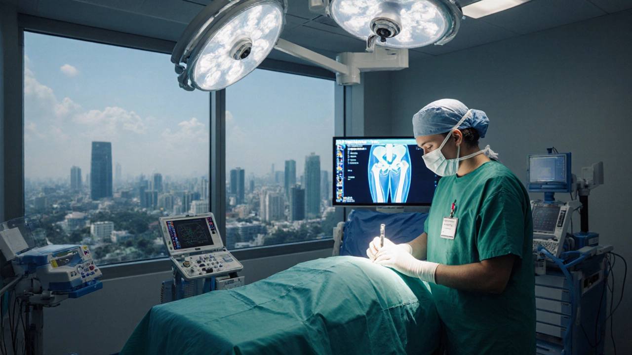 Surgeon preparing for knee surgery in a modern, JCI‑accredited operating room.