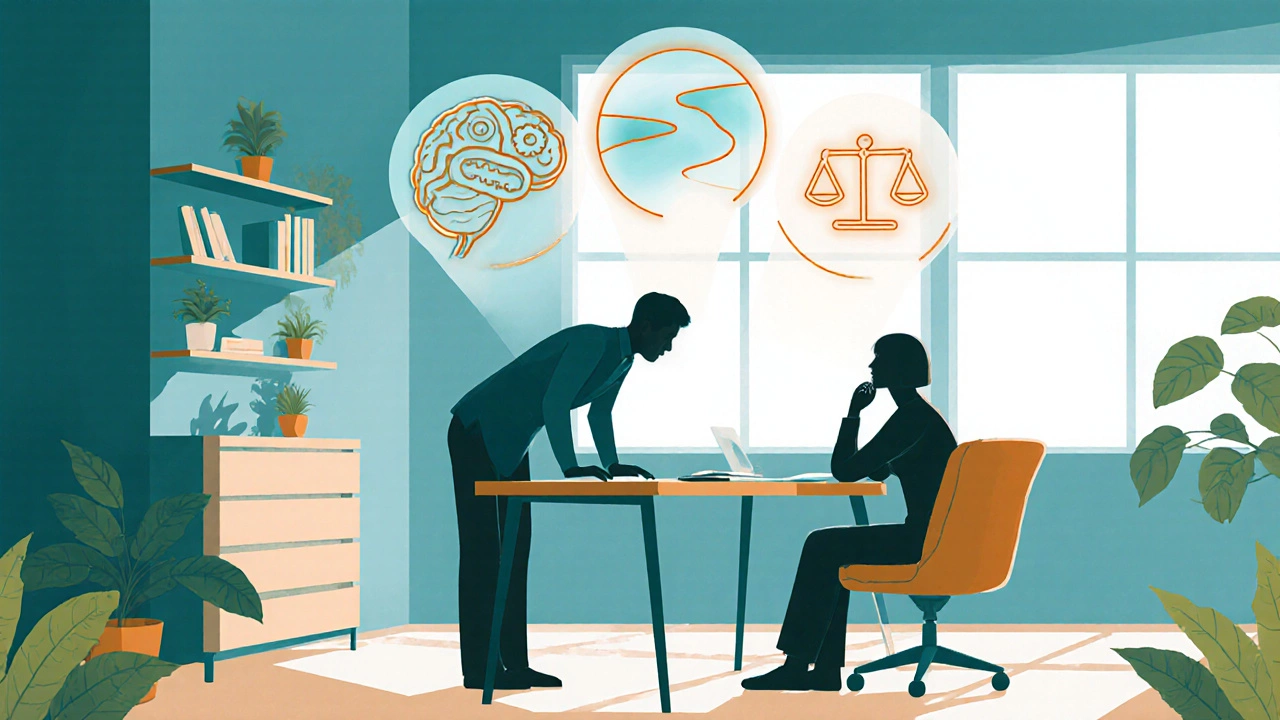 Therapist office with client, natural light, and subtle icons for CBT, psychodynamic and DBT therapy.