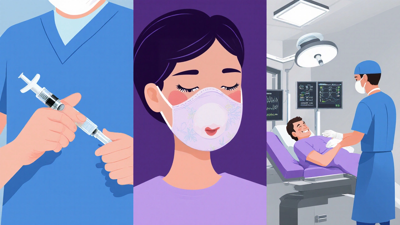Three panels showing local injection, nitrous‑oxide mask, and general anesthesia setups.