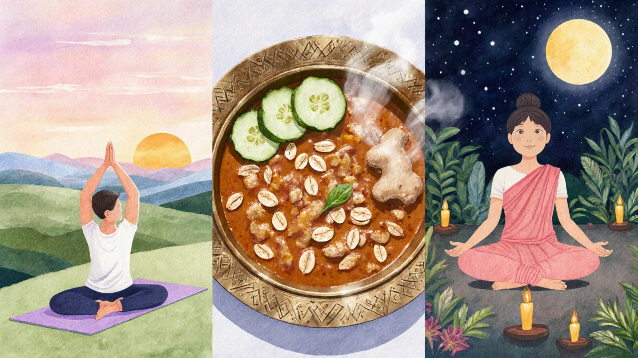Watercolor scene of a person’s daily Ayurvedic routine: sunrise yoga, midday warm meal, evening meditation.