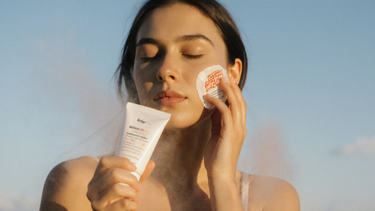 Woman applying sunscreen outdoors during golden hour, emphasizing daily protection.