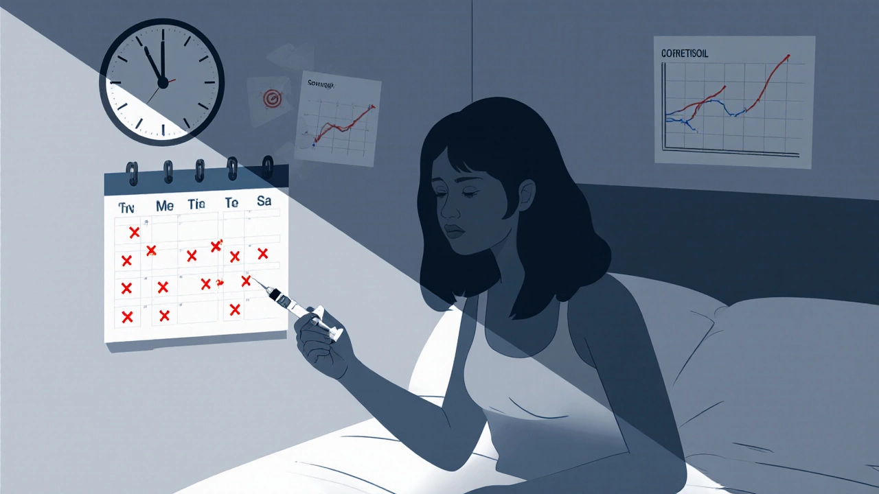 Woman holding hormone injection syringe while staring at a marked calendar during the waiting period.