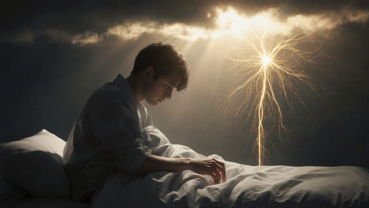 A person sits up in bed for the first time, neural pathways glowing as they reconnect.