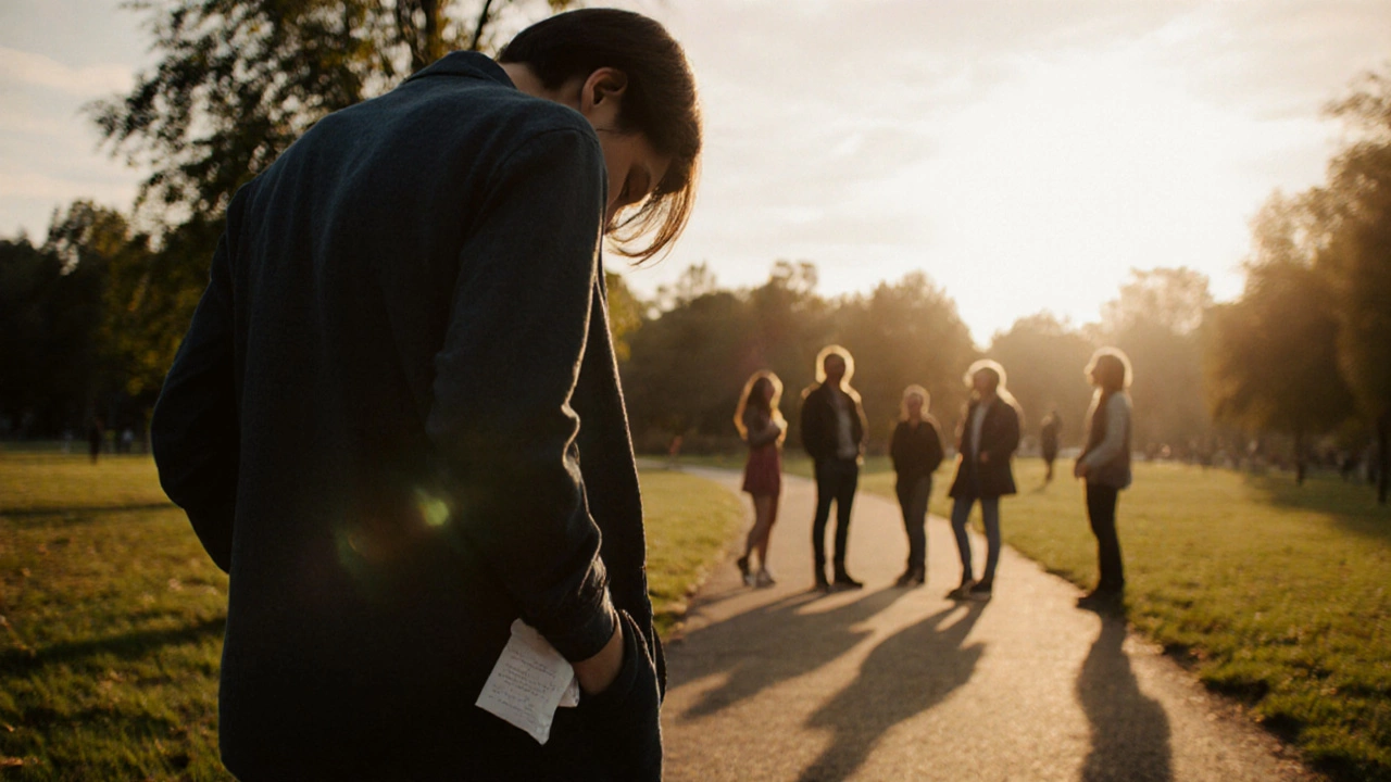 A person stands apart in a park, back turned to laughing friends, bathed in golden hour light.