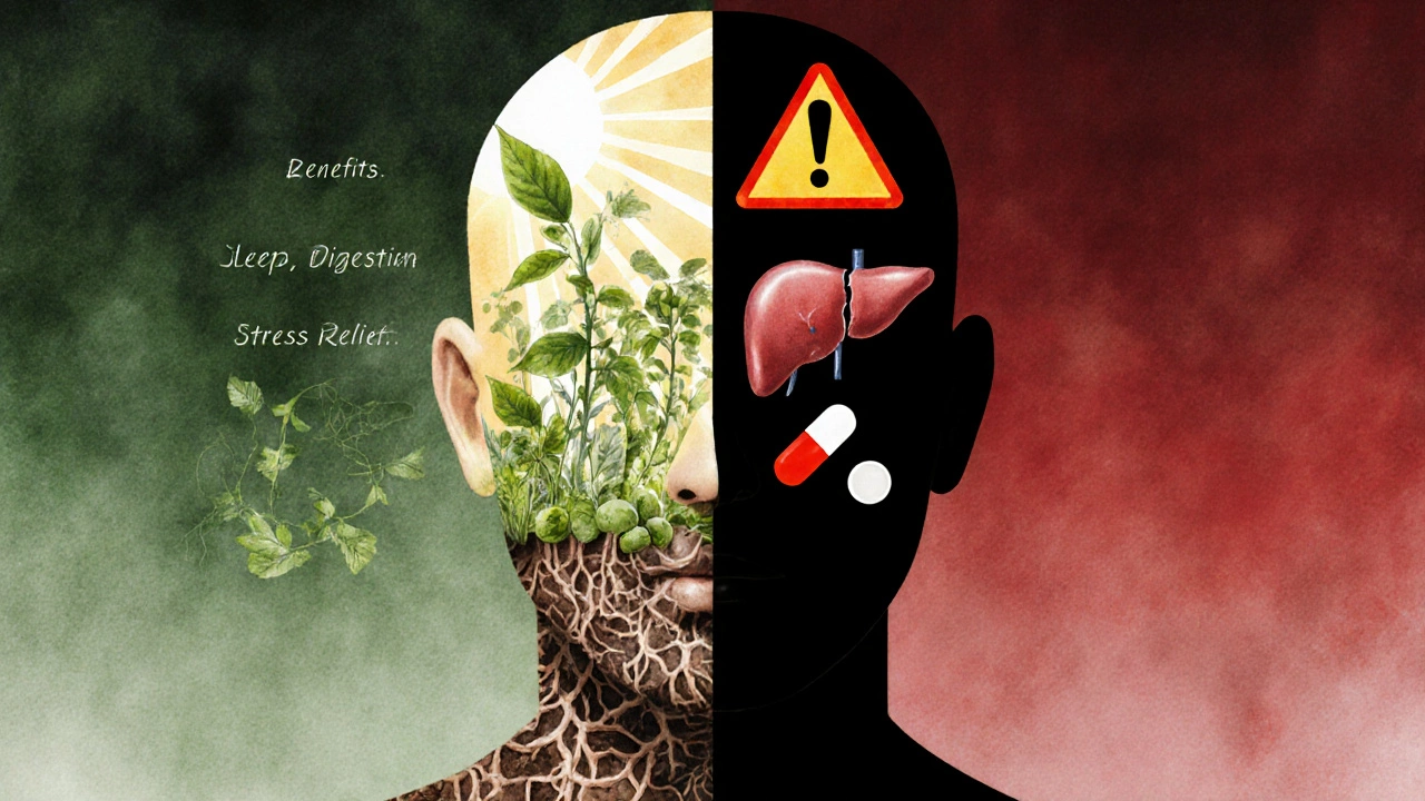 A split human figure showing natural benefits on one side and health risks on the other.