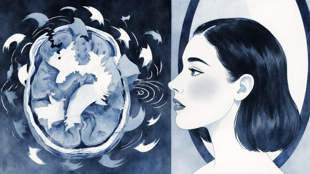 A woman speaks as abstract sound waves reshape her voice, brain scan showing speech area damage.