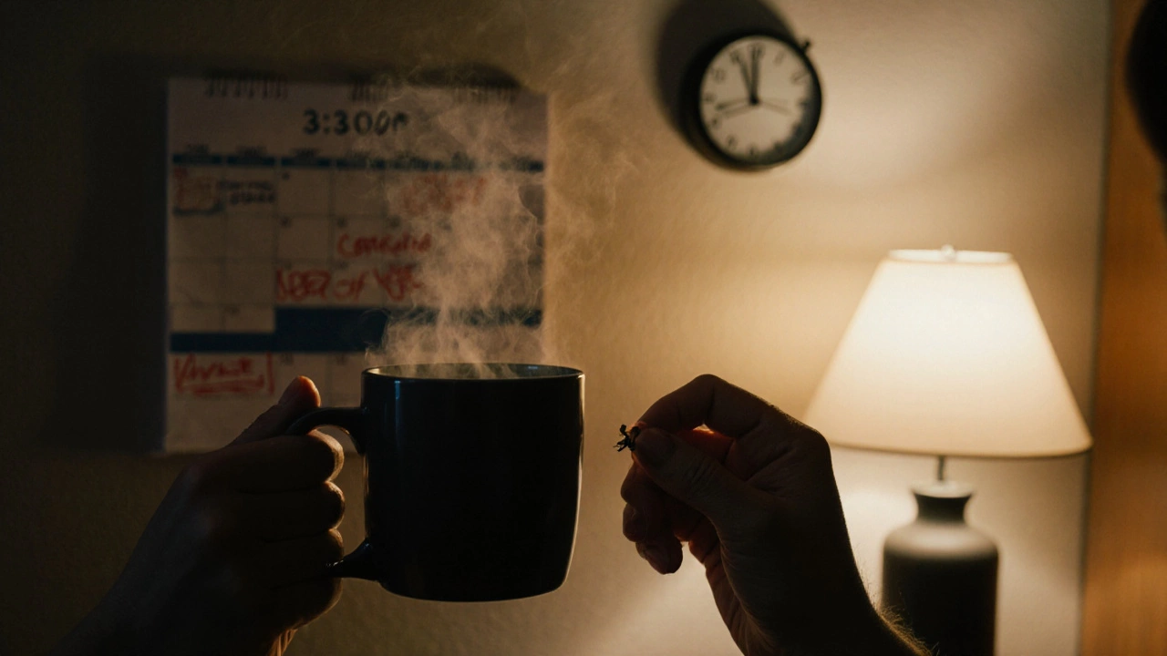 Close-up of hands holding a mug and picking at a nail, with a calendar of canceled plans in the background.