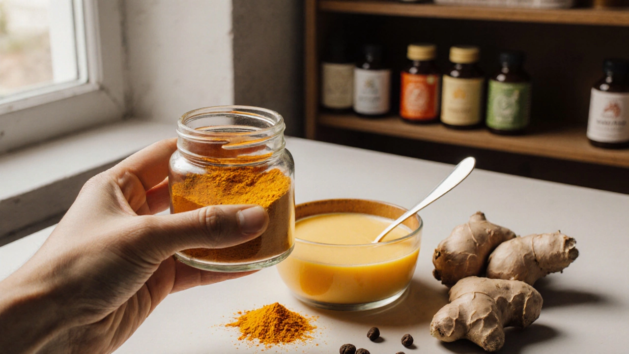Close-up of turmeric powder and ginger root beside a bowl of golden milk