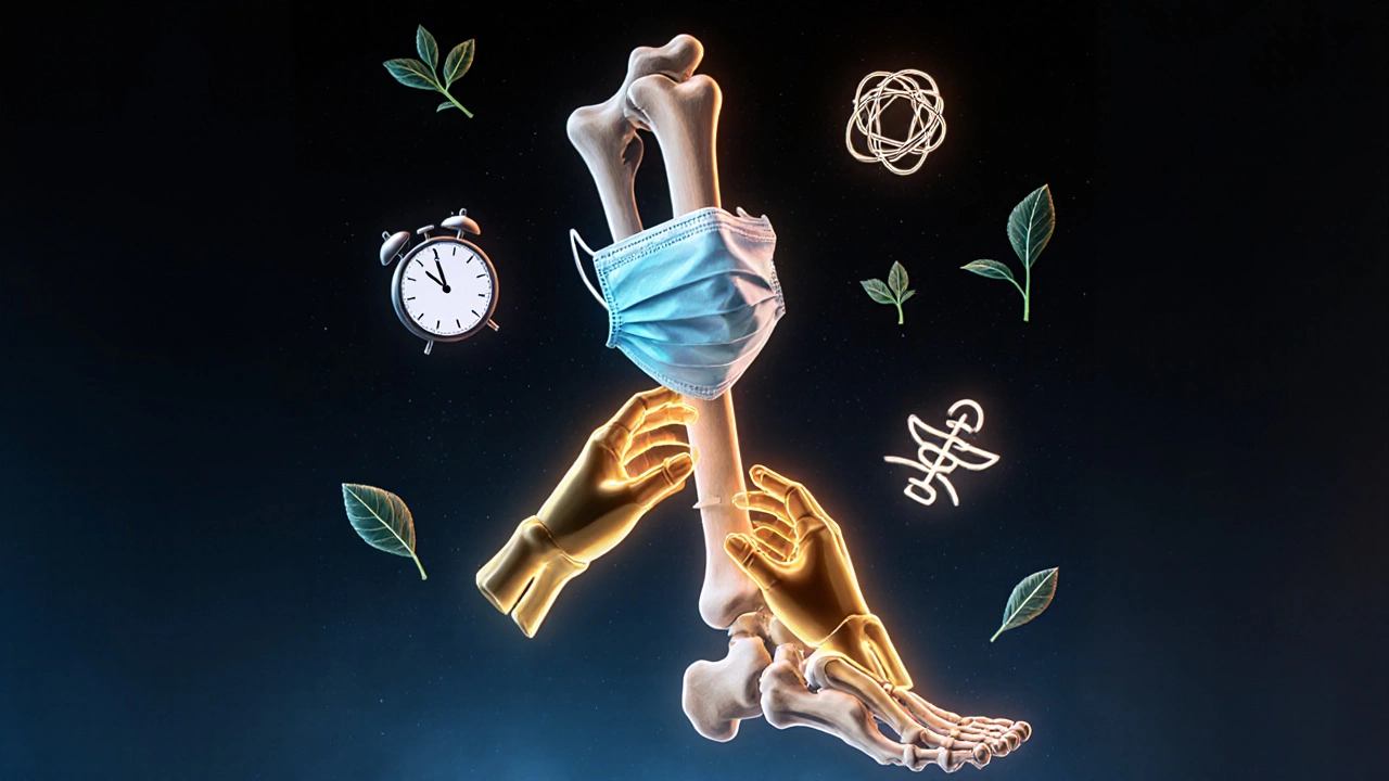 Conceptual image of broken bones being reassembled by golden hands with healing symbols.