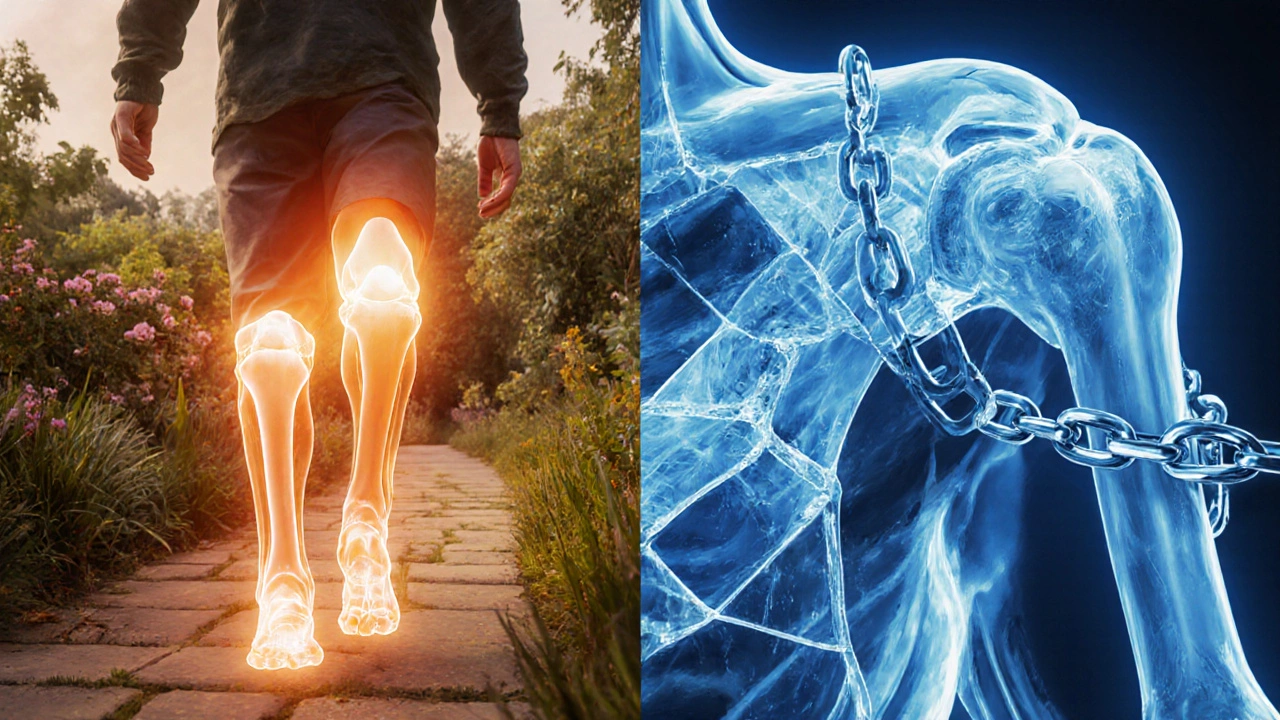 Contrasting imagery of restored knee mobility versus restricted shoulder movement.