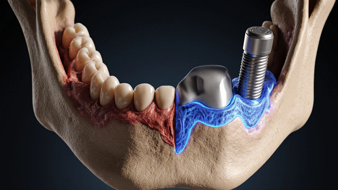 Cross-section of jawbone with bone graft and dental implant integrated.