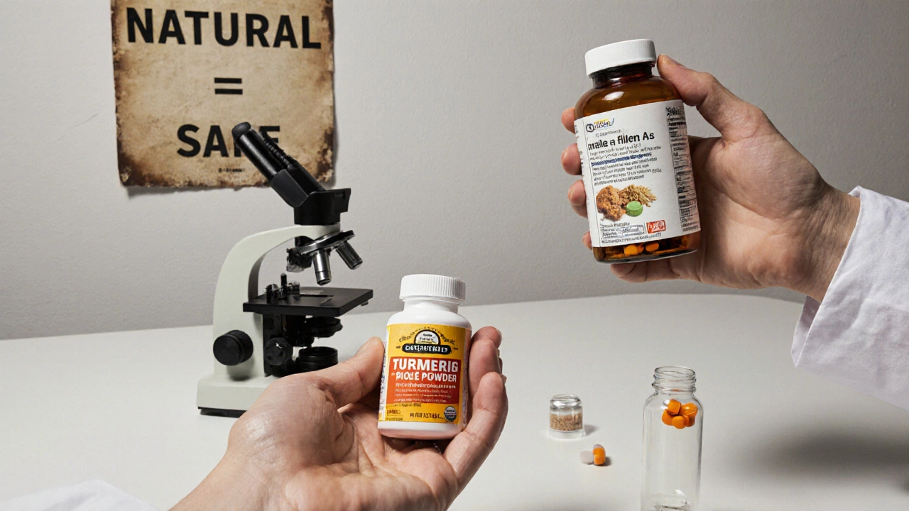 Hands holding certified and unverified supplements on a lab bench with hidden contaminants visible under a microscope.