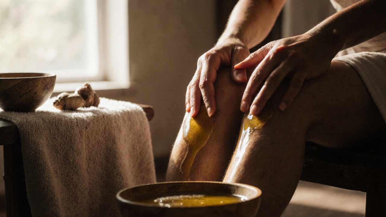 Hands massaging joints with warm sesame oil, wooden bowl and dried ginger nearby in natural daylight.
