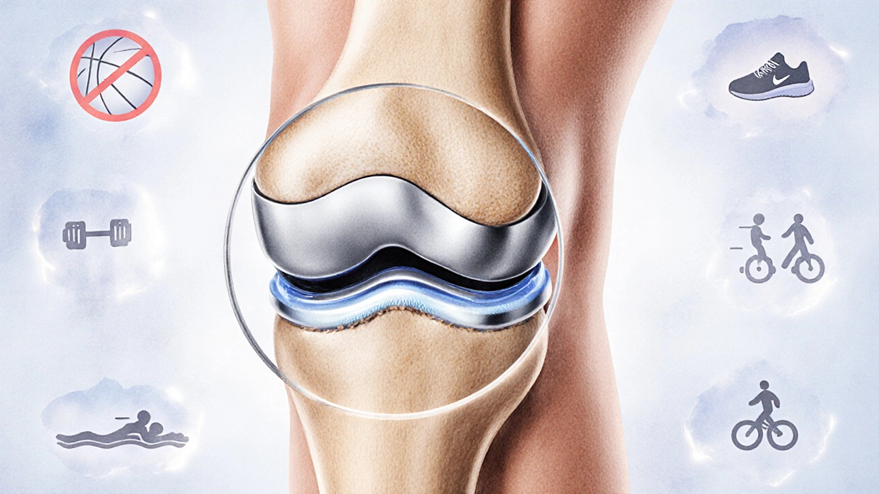 Magnified view of artificial knee implant compared to natural knee with wear indicators.