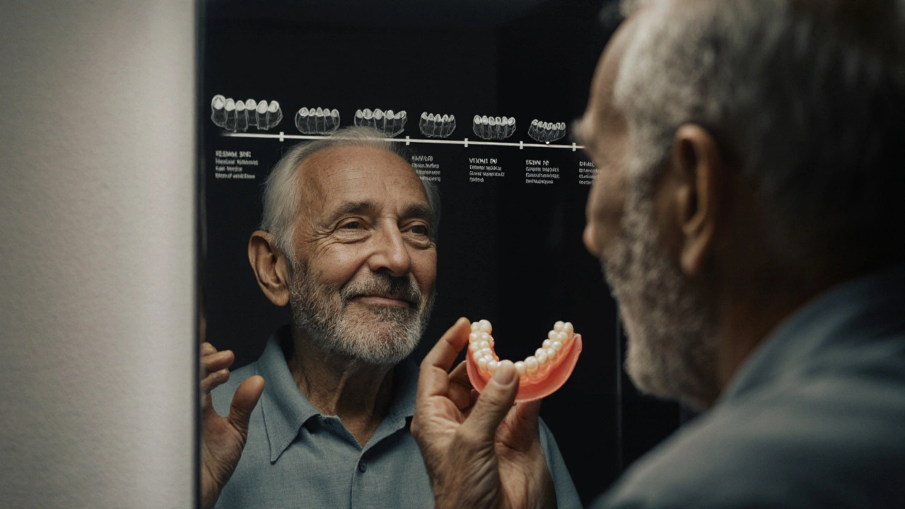 Man holding old dentures while seeing implant-supported teeth in mirror.