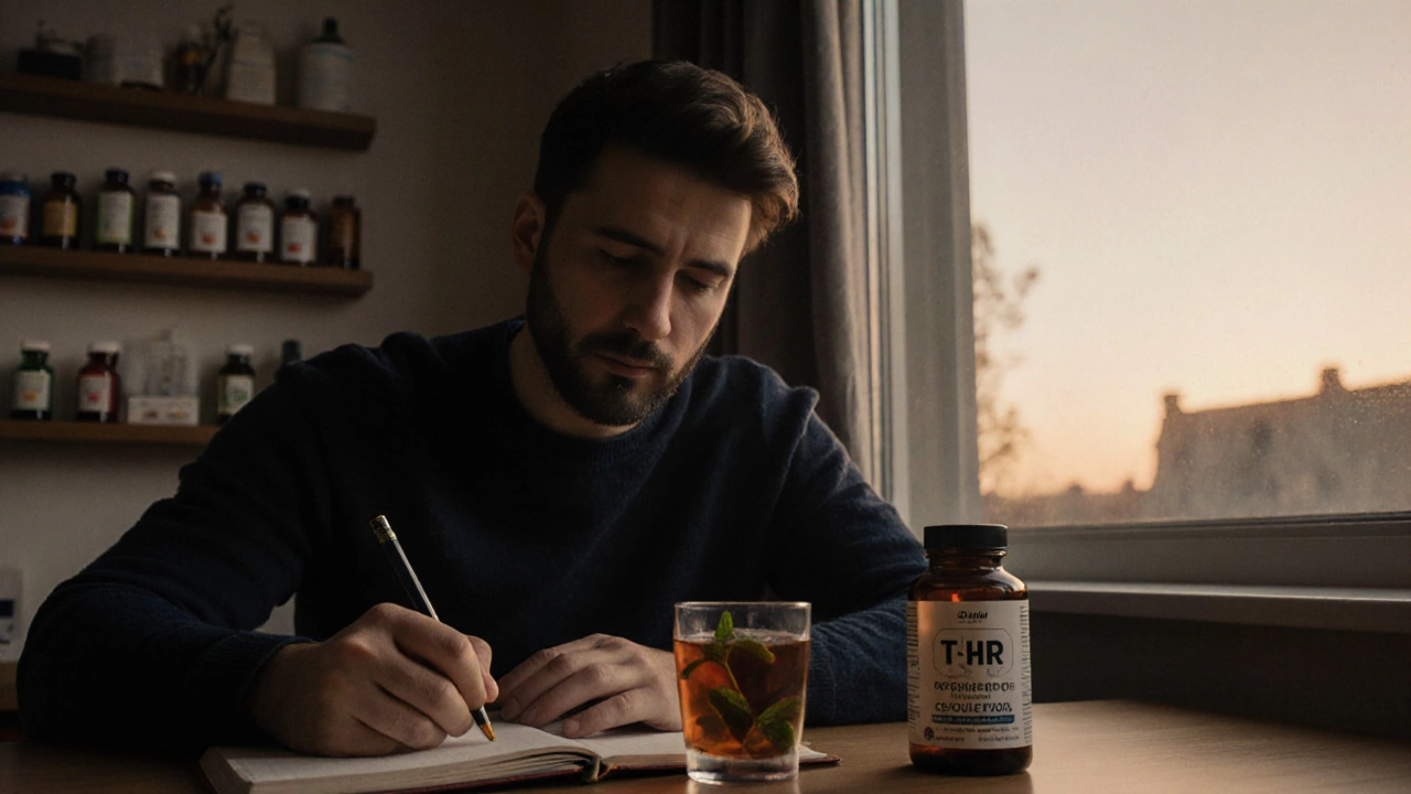 Man journaling with peppermint tea and THR-certified herbal supplement at dusk