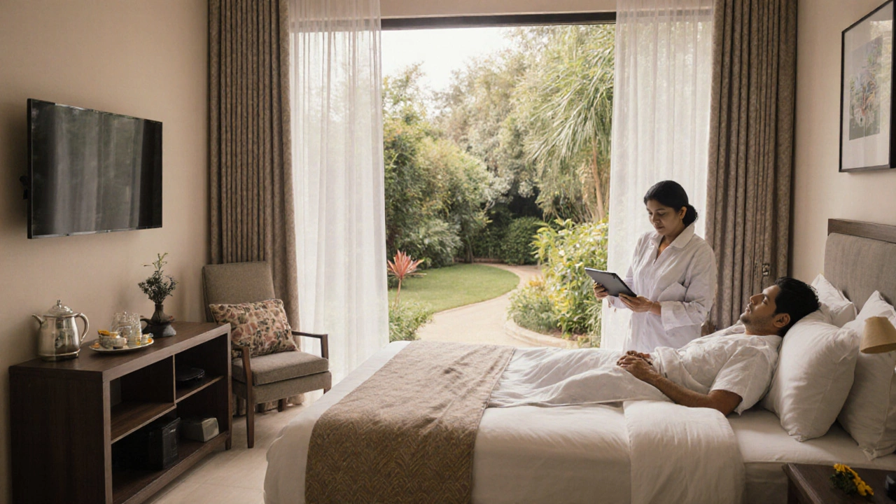 Patient recovering peacefully in a clinic garden with care coordinator nearby